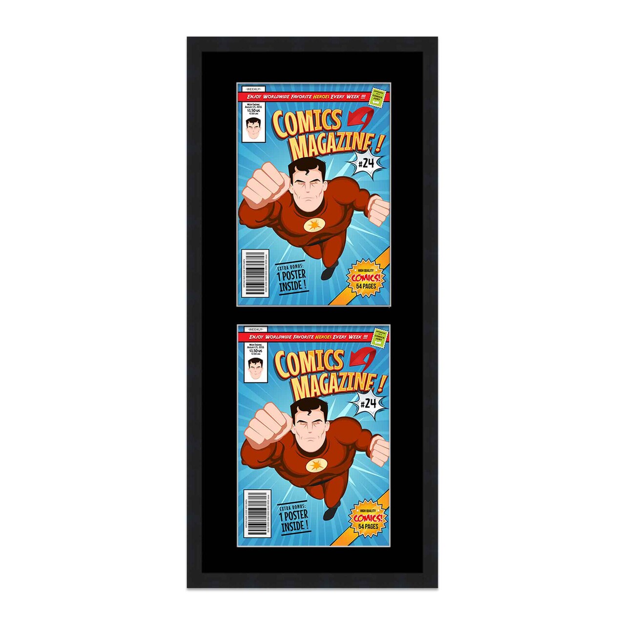 Comic Book Display Frame for Current Era Comics Published After 1985 - Black Wood Comic Frame With Black Mat for 6.875x10.5 Comics, 18 Frame Sizes